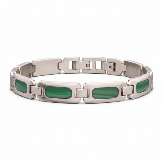 Men's Matte Stainless Steel Malachite Inlay Link Bracelet on white background