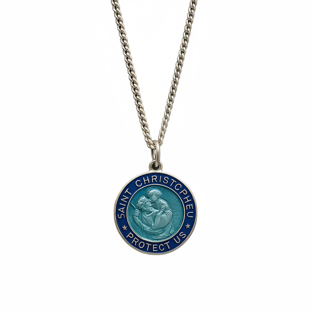 Saint Christopher blue enamel pendant on white background