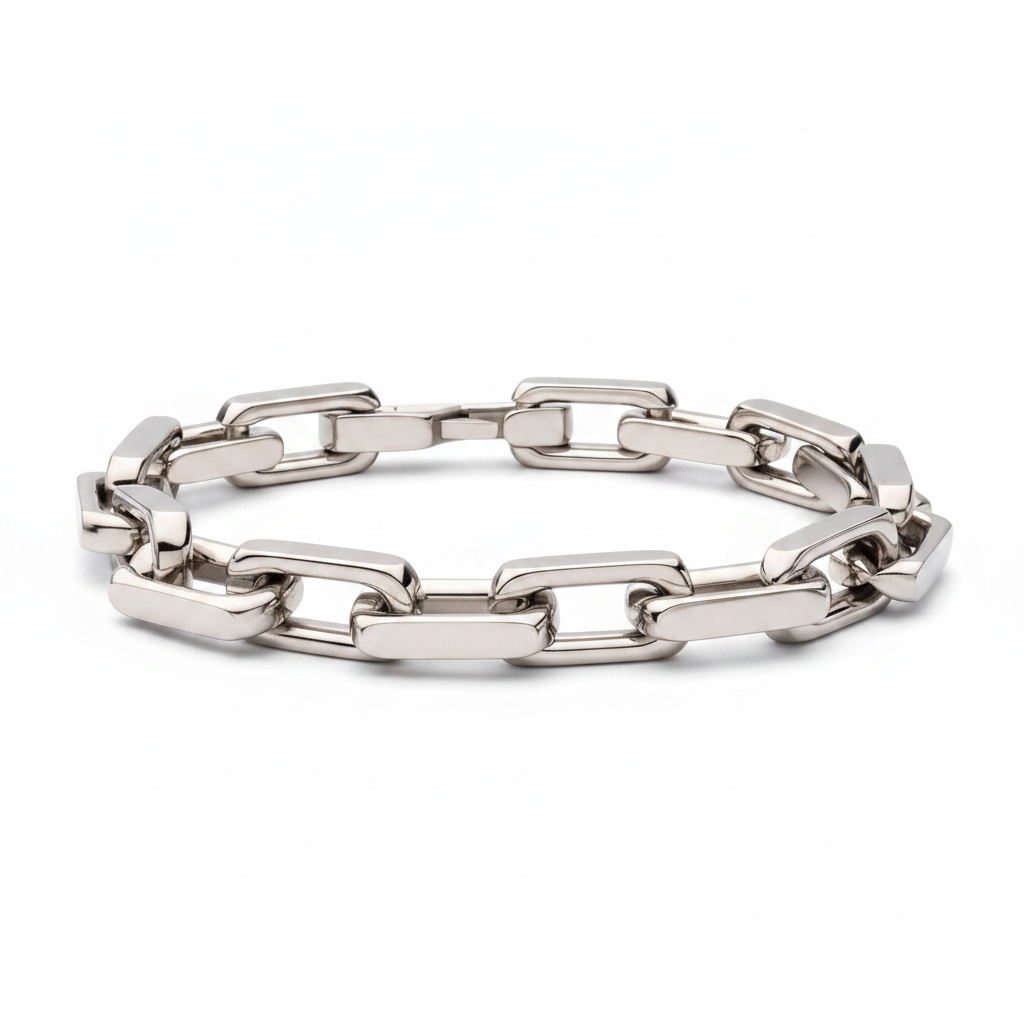 Men's polished stainless steel paperclip chain bracelet on white background