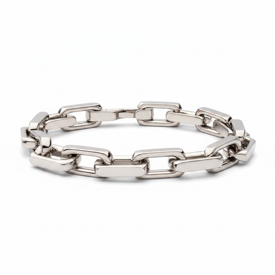 Men's polished stainless steel paperclip chain bracelet on white background