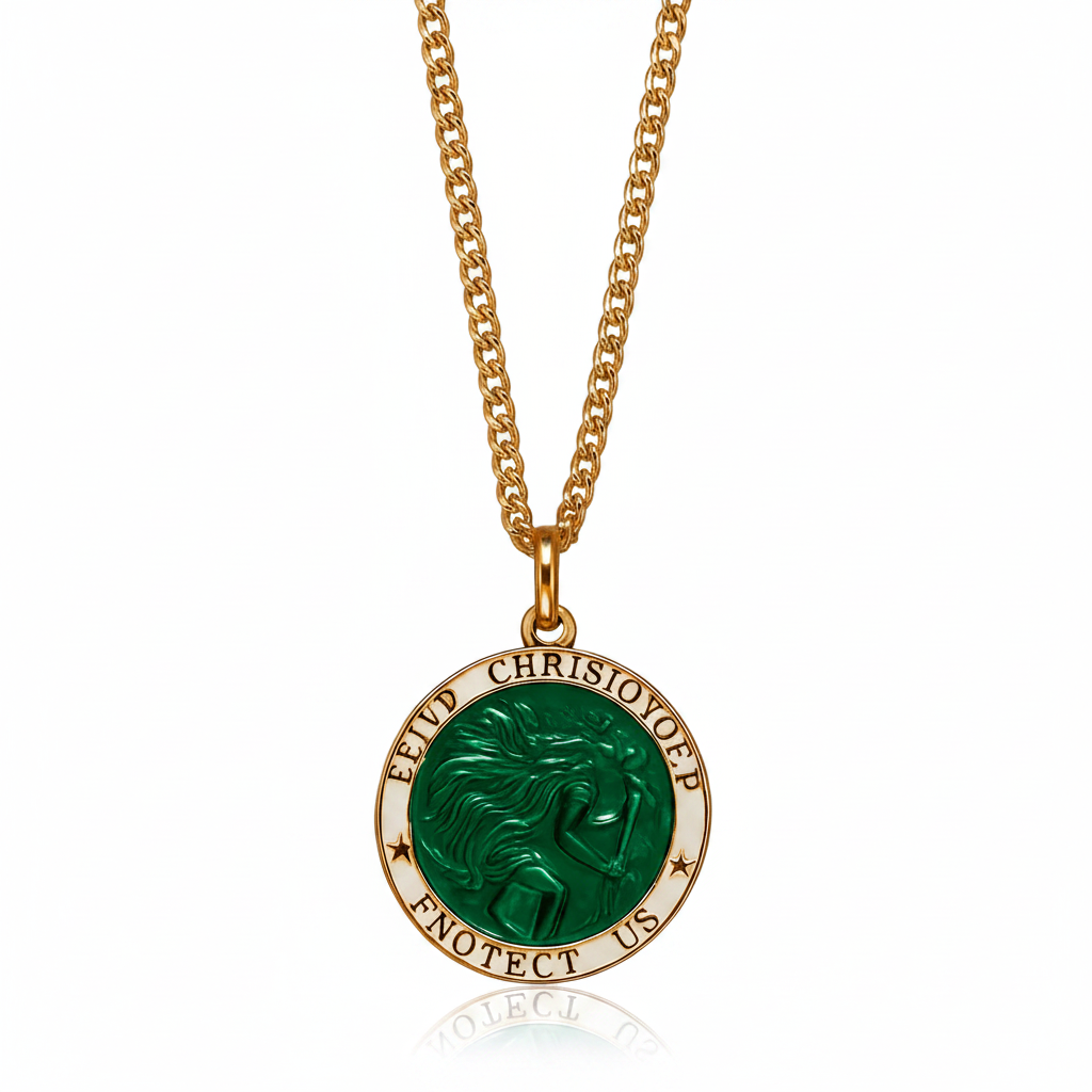 Saint Christopher gold vermeil pendant necklace with emerald green enamel on white background