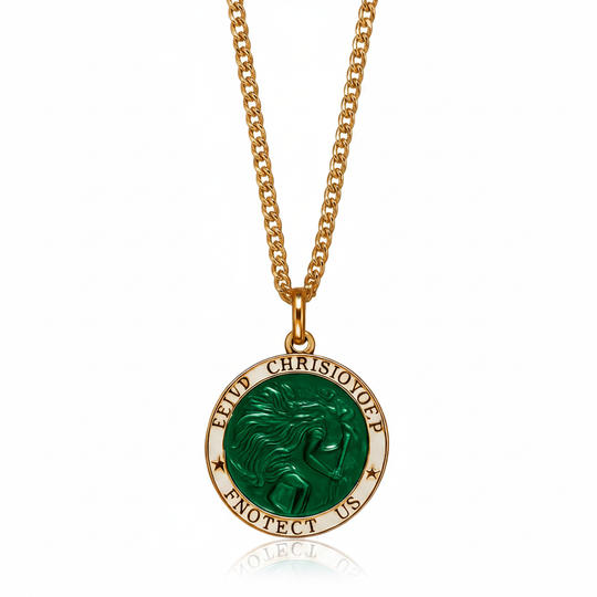 Saint Christopher gold vermeil pendant necklace with emerald green enamel on white background