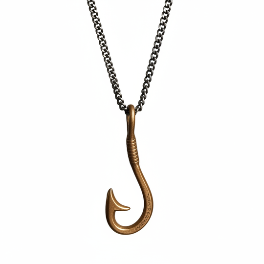 Bronze fish hook pendant necklace on white background
