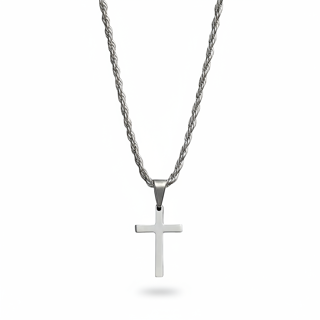 Silver polished cross pendant necklace on white background