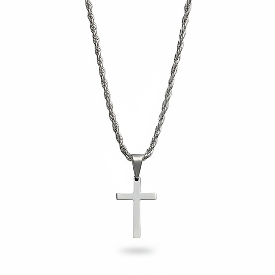 Silver polished cross pendant necklace on white background