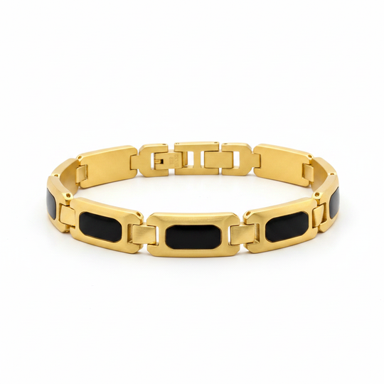 Men's 18Kt Gold IP Black Onyx & Tiger Eye Link Bracelet on white background