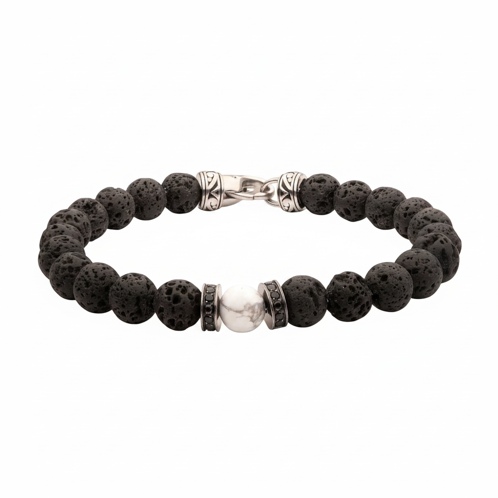 Men's 8mm howlite lava stone bracelet on white background