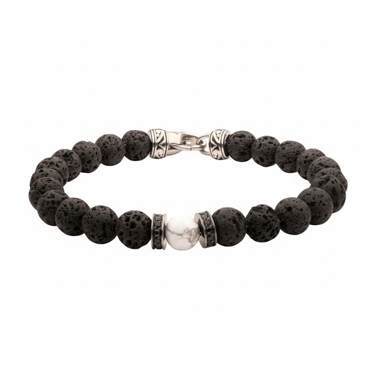 Men's 8mm howlite lava stone bracelet on white background