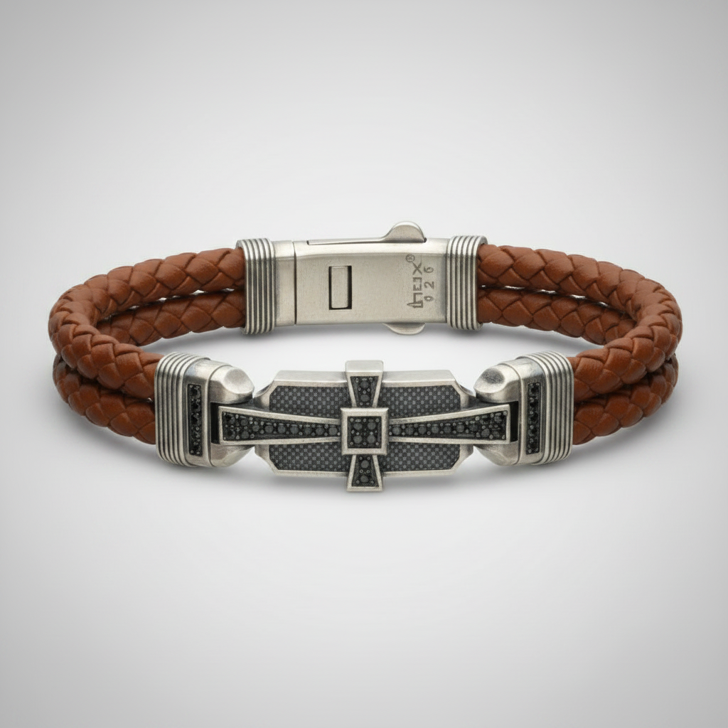 Brown braided leather bracelet with sterling silver cross on light gray background