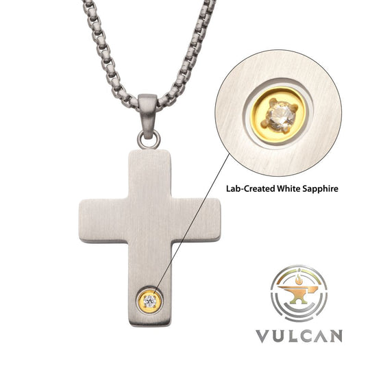 Men's Matte Steel Engravable Cross Pendant with Lab-Created White Sapphire