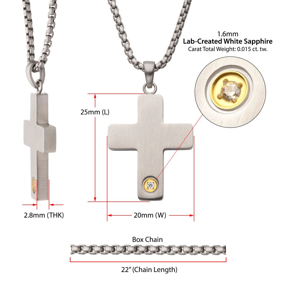 Men's Matte Steel Engravable Cross Pendant with Lab-Created White Sapphire