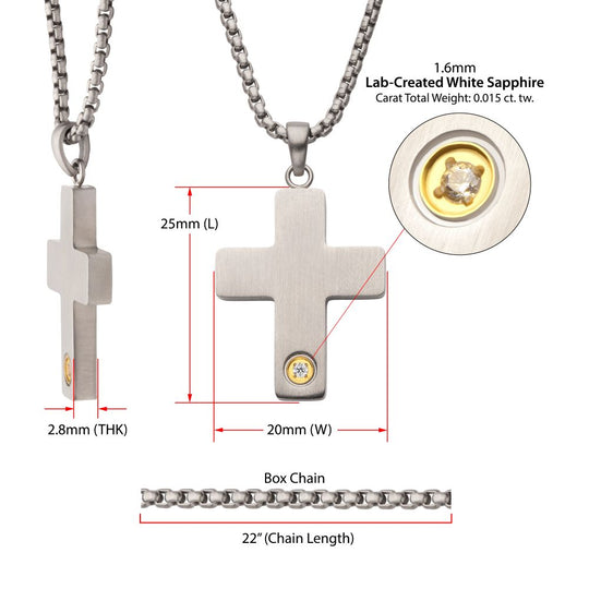 Men's Matte Steel Engravable Cross Pendant with Lab-Created White Sapphire