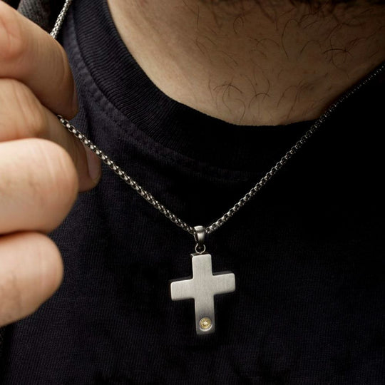 Men's Matte Steel Engravable Cross Pendant with Lab-Created White Sapphire