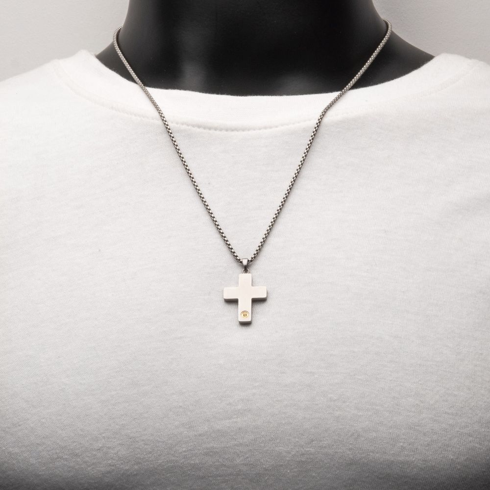 Men's Matte Steel Engravable Cross Pendant with Lab-Created White Sapphire