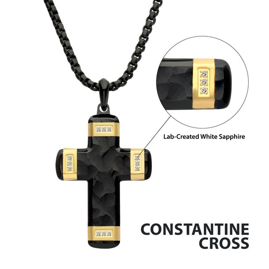 Men’s Black Constantine Cross Pendant with Gold & White Sapphire