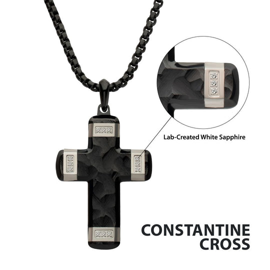 Men's Matte Black Constantine Cross Necklace with White Sapphire