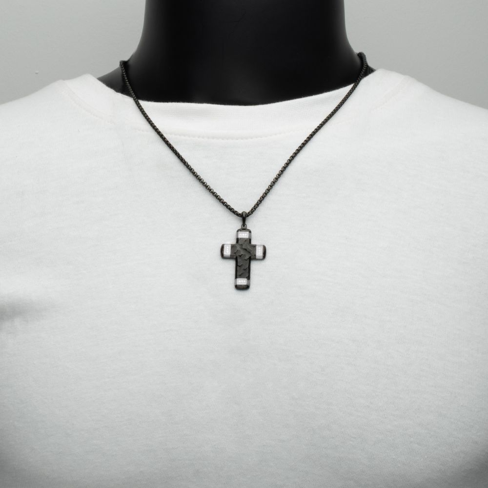 Men's Matte Black Constantine Cross Necklace with White Sapphire
