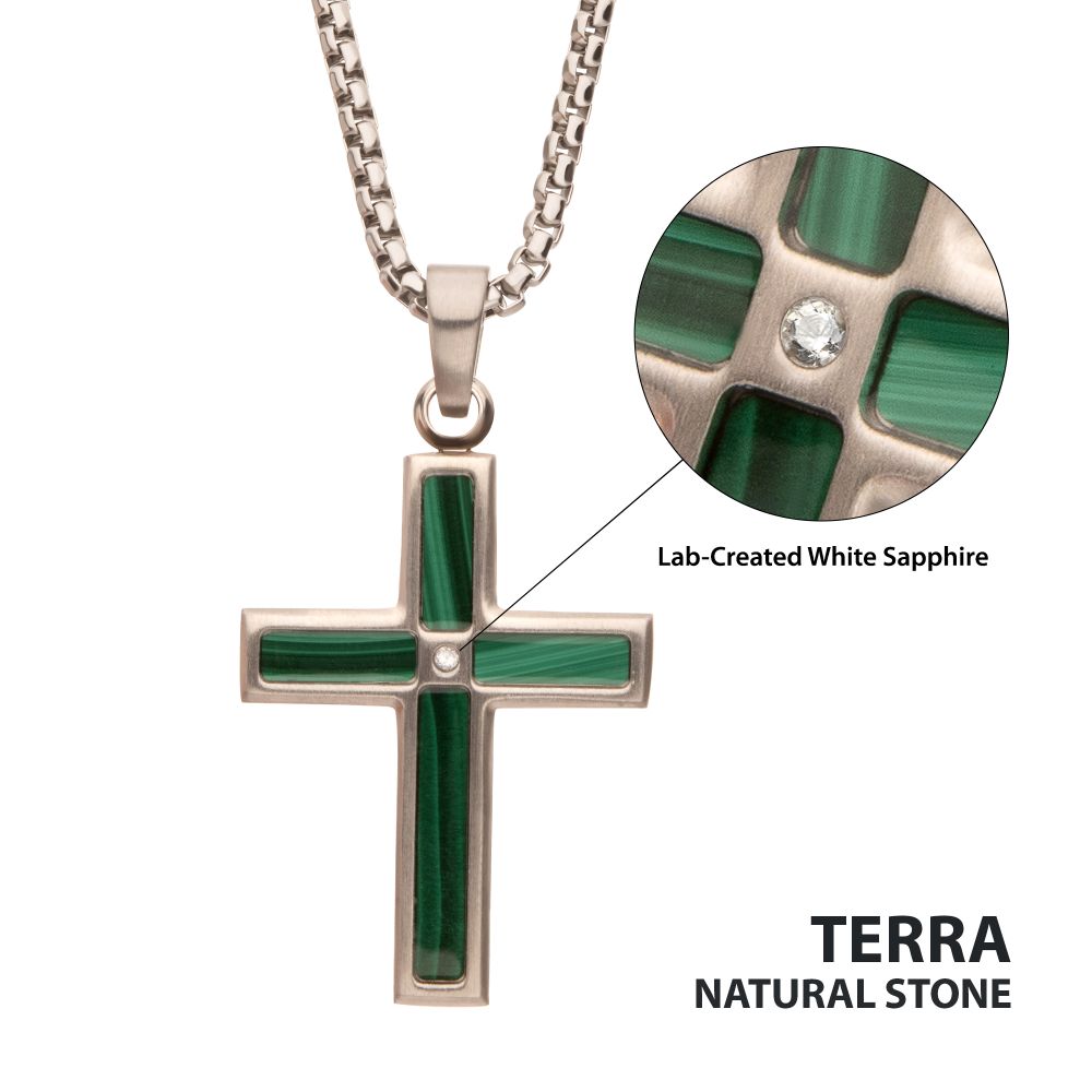 Men's Malachite & Steel Cross Pendant with White Sapphire