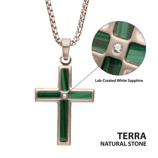 Men's Malachite & Steel Cross Pendant with White Sapphire