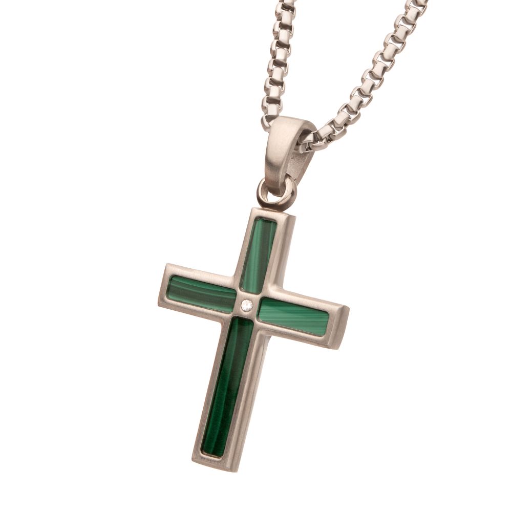 Men's Malachite & Steel Cross Pendant with White Sapphire