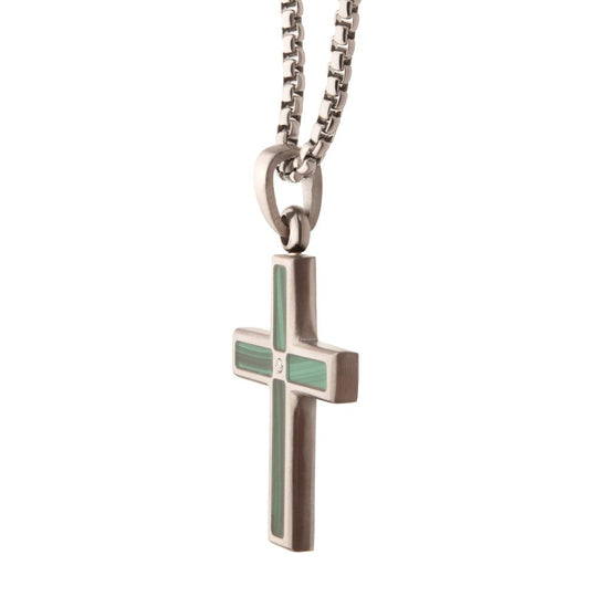 Men's Malachite & Steel Cross Pendant with White Sapphire