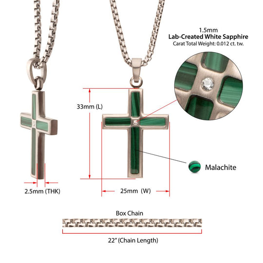Men's Malachite & Steel Cross Pendant with White Sapphire