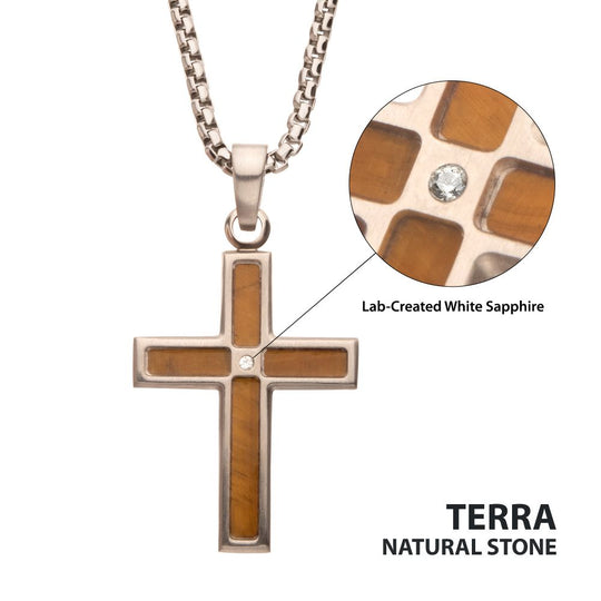 Men’s Tiger Eye & Steel Cross Pendant with White Sapphire