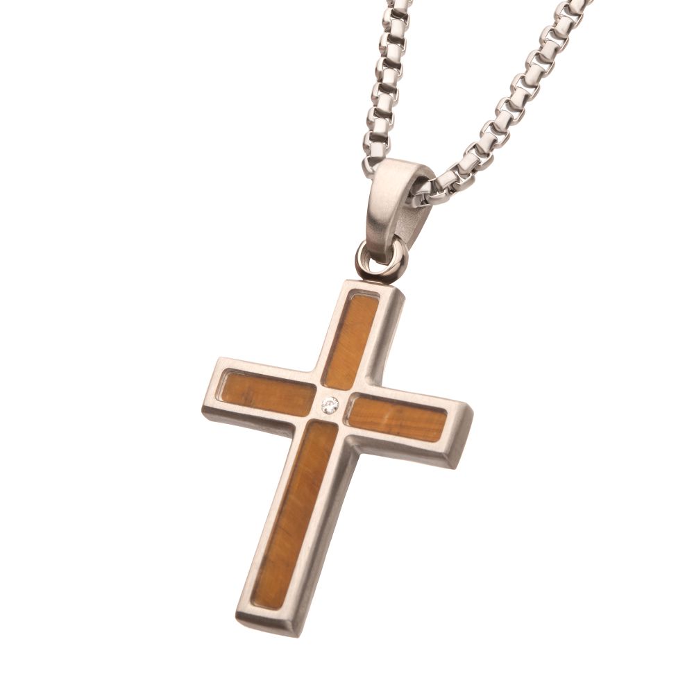 Men’s Tiger Eye & Steel Cross Pendant with White Sapphire