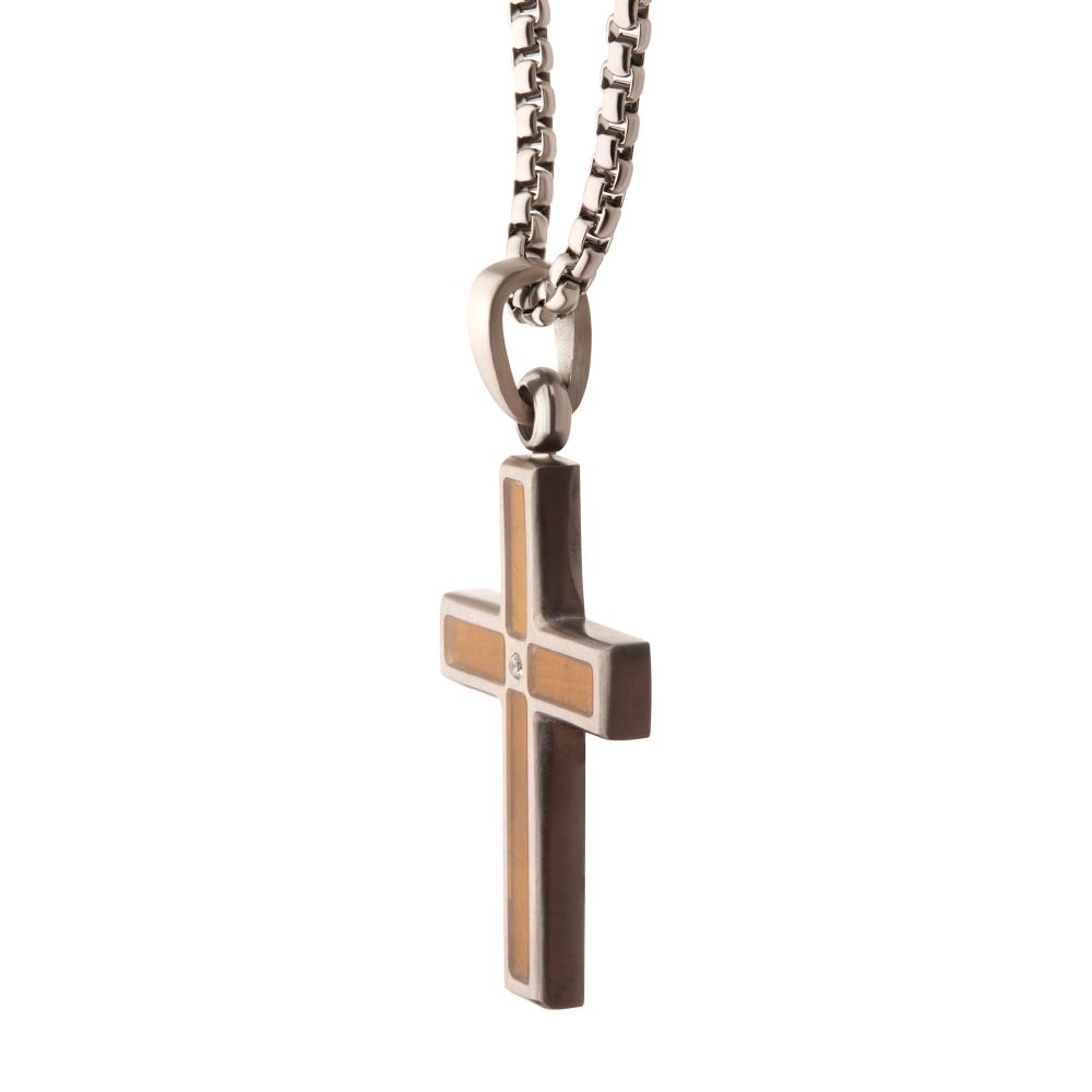 Men’s Tiger Eye & Steel Cross Pendant with White Sapphire