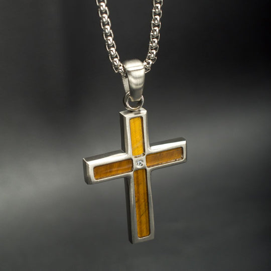Men’s Tiger Eye & Steel Cross Pendant with White Sapphire