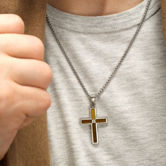 Men’s Tiger Eye & Steel Cross Pendant with White Sapphire