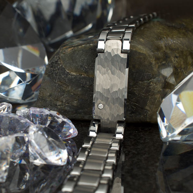 Genuine Lab-Grown Diamond on Tungsten Carbide Hammered ID Sizeable Link Bracelet