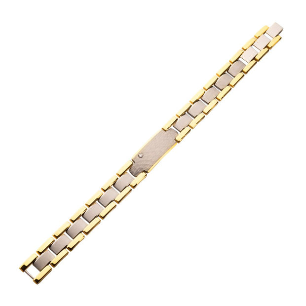 Genuine Lab-Grown Diamond on 18Kt Gold IP Tungsten Carbide Hammered ID Sizeable Link Bracelet