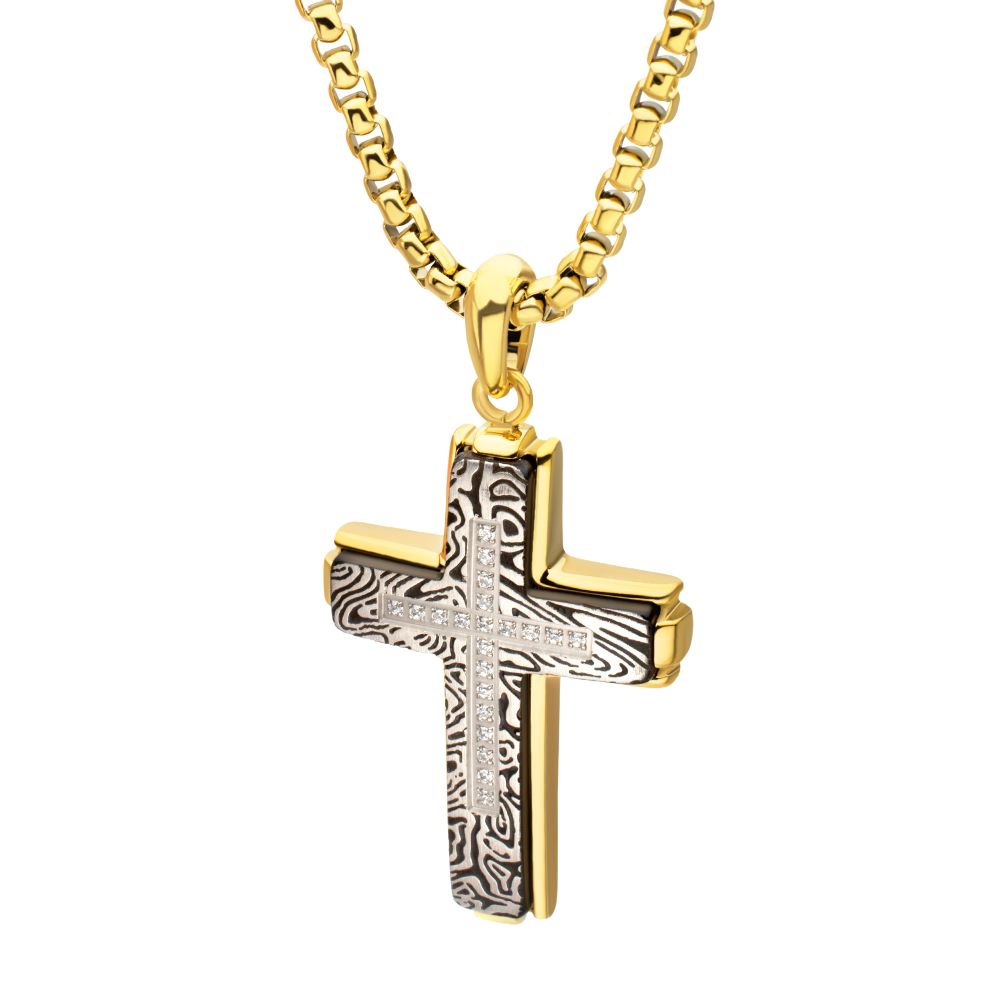 Men's 18K Gold IP Zebra Cross Pendant with Lab Diamond