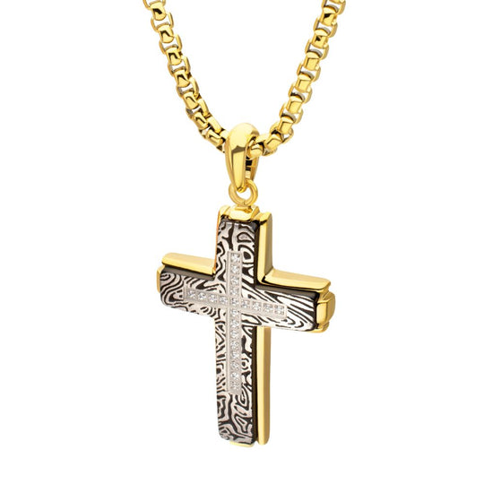 Men's 18K Gold IP Zebra Cross Pendant with Lab Diamond