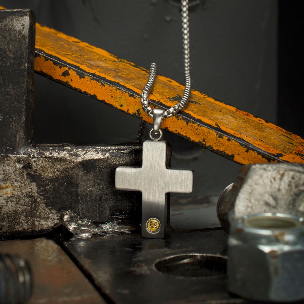 Men's Lab-Grown Diamond Matte Stainless Steel Engravable Cross Pendant