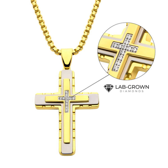 Men’s 18Kt Gold IP Steel Layered Cross Pendant with Lab-Grown Diamonds