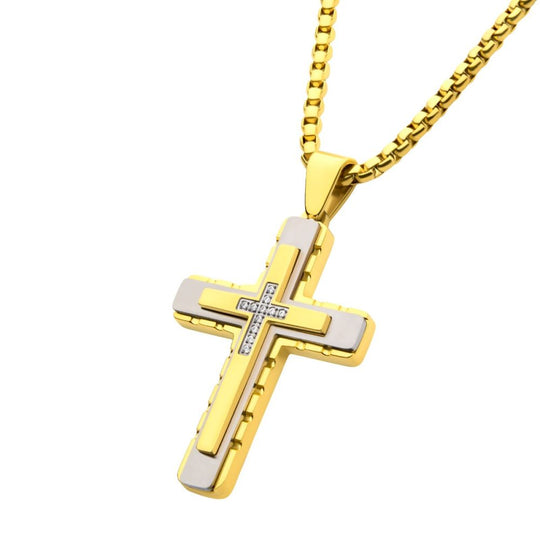 Men’s 18Kt Gold IP Steel Layered Cross Pendant with Lab-Grown Diamonds