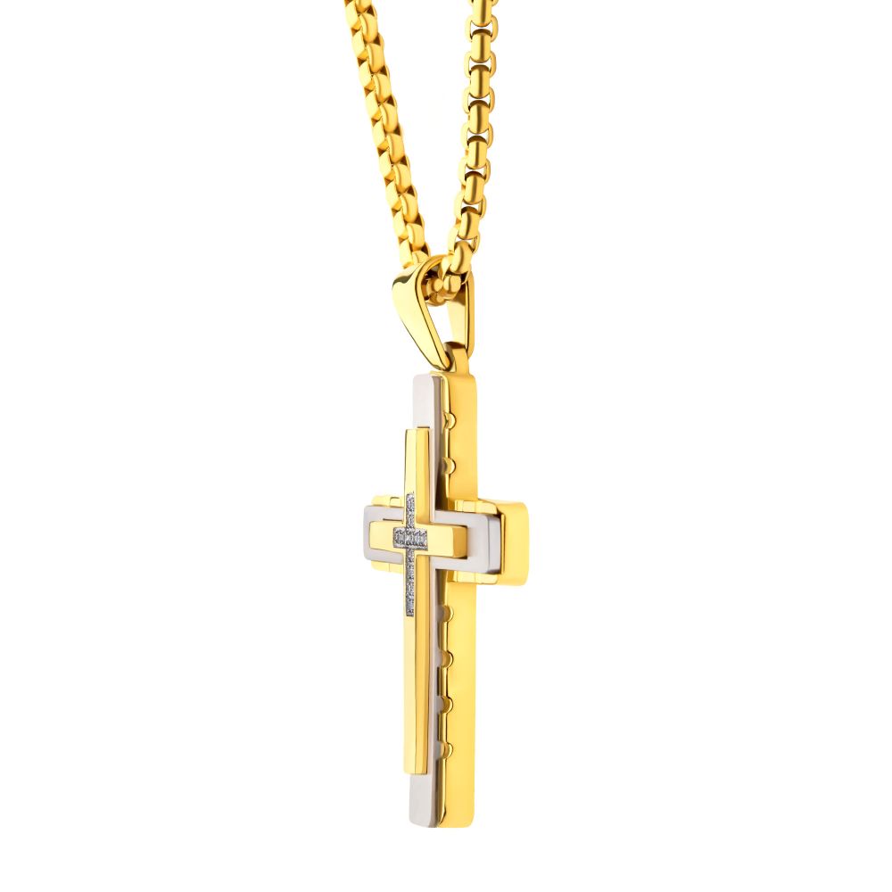 Men’s 18Kt Gold IP Steel Layered Cross Pendant with Lab-Grown Diamonds