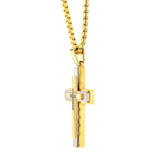 Men’s 18Kt Gold IP Steel Layered Cross Pendant with Lab-Grown Diamonds