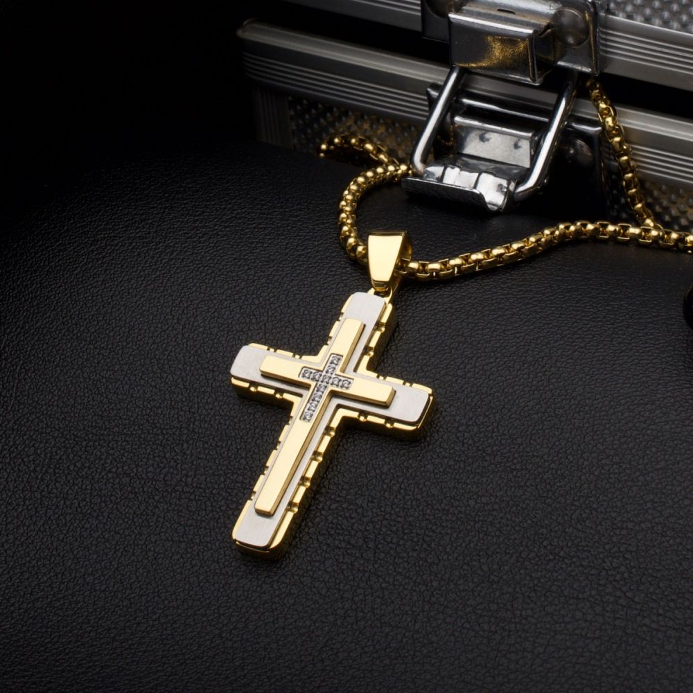 Men’s 18Kt Gold IP Steel Layered Cross Pendant with Lab-Grown Diamonds
