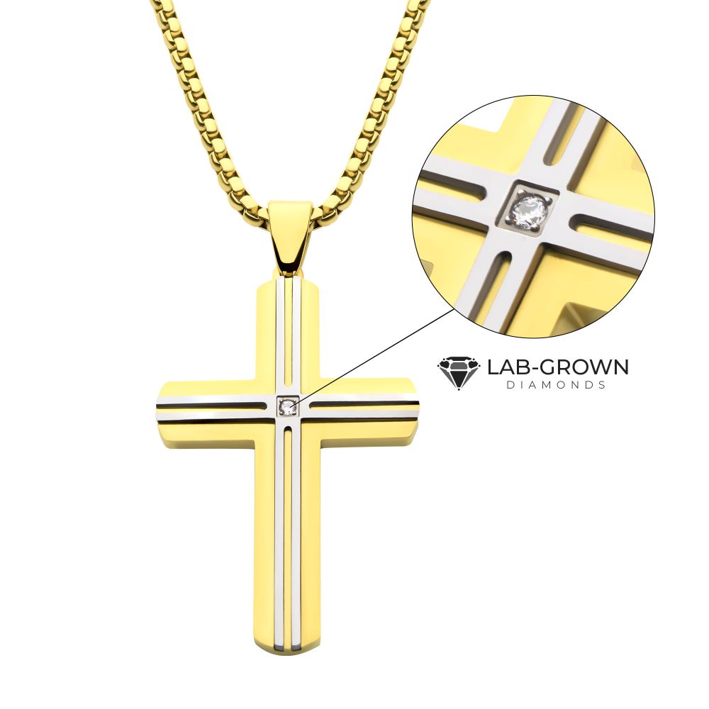Men’s 18Kt Gold IP Steel Layered Cross Pendant with Lab-Grown Diamond
