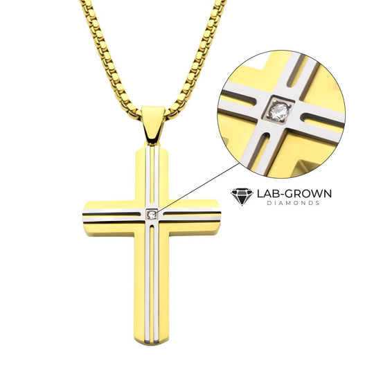 Men’s 18Kt Gold IP Steel Layered Cross Pendant with Lab-Grown Diamond