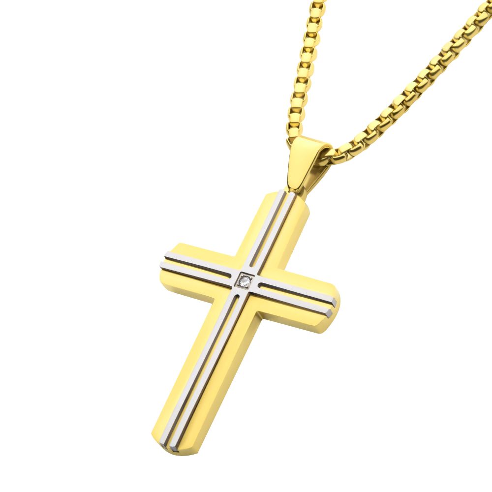 Men’s 18Kt Gold IP Steel Layered Cross Pendant with Lab-Grown Diamond