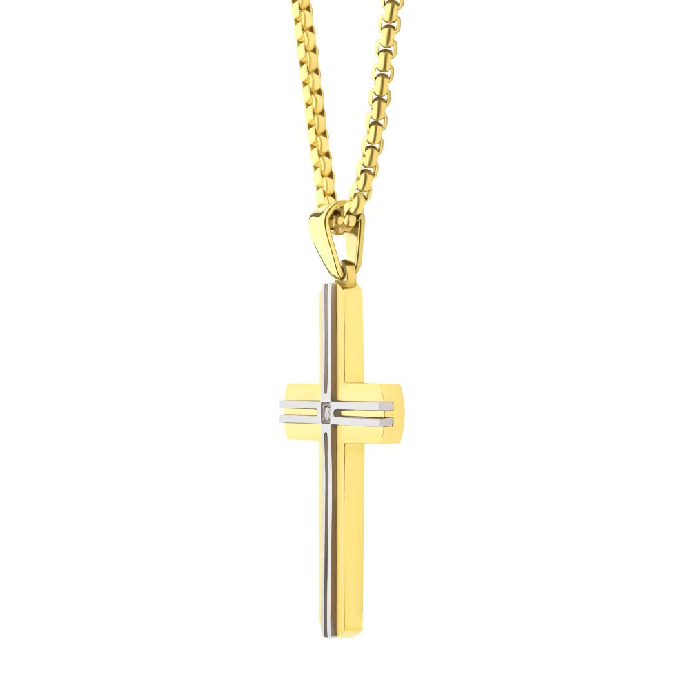 Men’s 18Kt Gold IP Steel Layered Cross Pendant with Lab-Grown Diamond