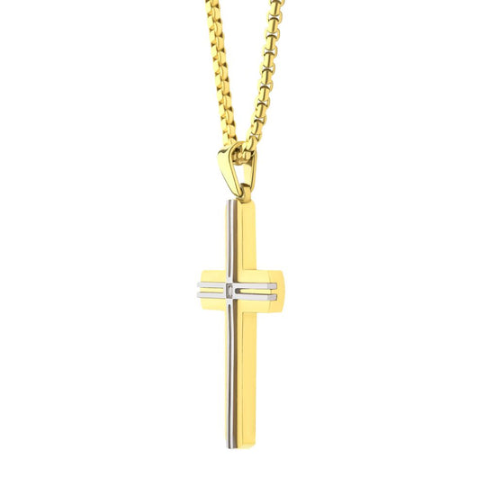 Men’s 18Kt Gold IP Steel Layered Cross Pendant with Lab-Grown Diamond