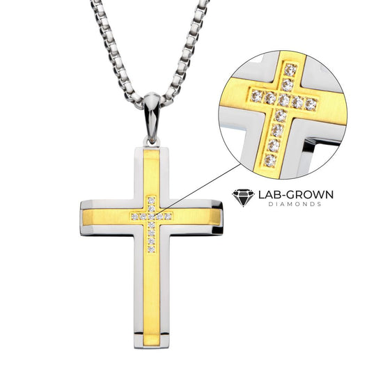 Men’s 18K Gold Steel Lab-Grown Diamond Cross Pendant