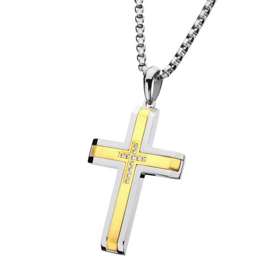 Men’s 18K Gold Steel Lab-Grown Diamond Cross Pendant