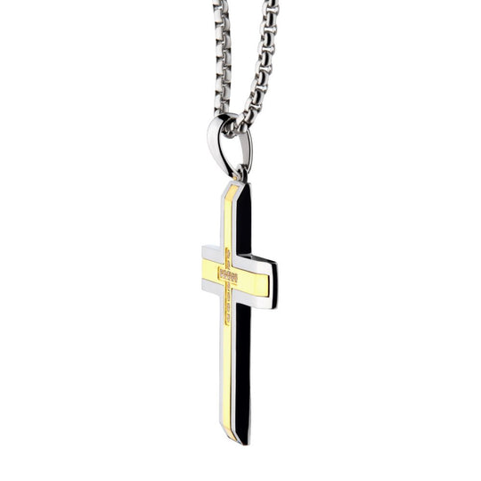 Men’s 18K Gold Steel Lab-Grown Diamond Cross Pendant