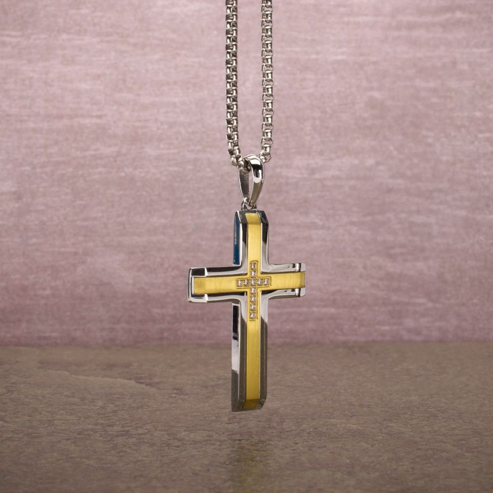 Men’s 18K Gold Steel Lab-Grown Diamond Cross Pendant